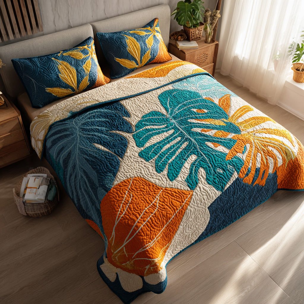 Rainforest Dream quilted 3-piece bedding set on a made bed with two matching pillow shams