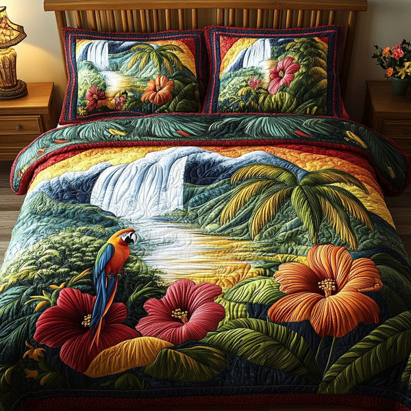 Rainforest Repose quilted 3-piece bedding set on a made bed with two matching pillow shams