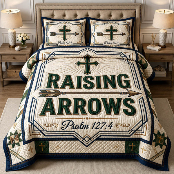 Raising Arrows quilted 3-piece bedding set on a made bed with two matching pillow shams