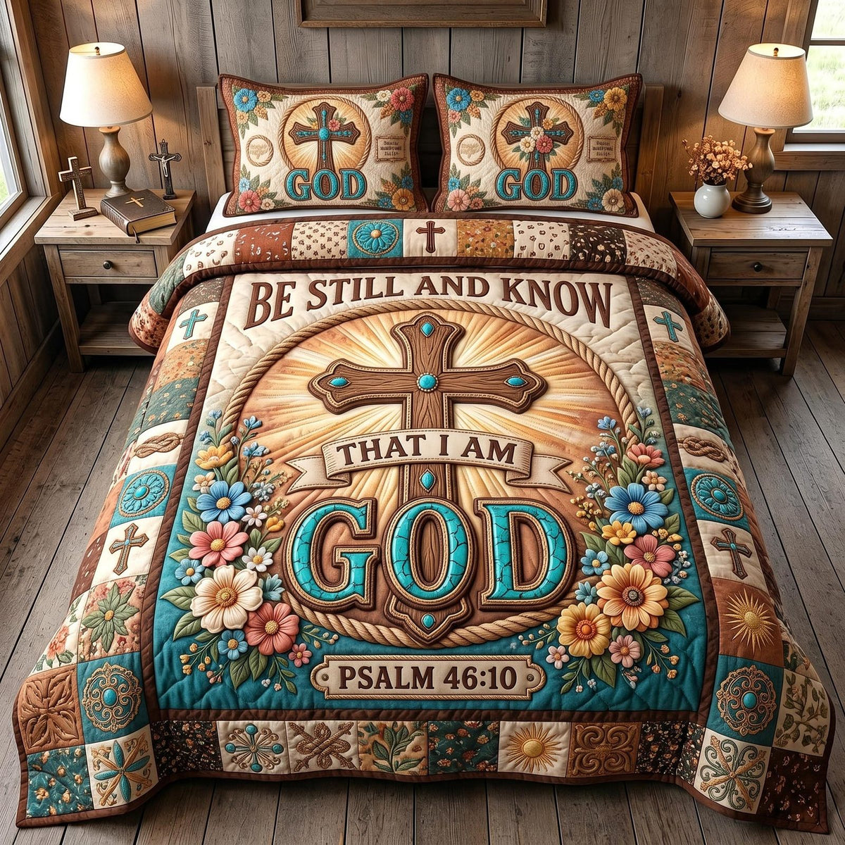 Ranch Faith quilted 3-piece bedding set on a made bed in a softly lit bedroom