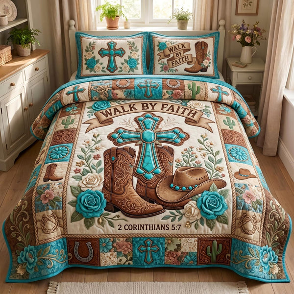 Ranch Faith quilted 3-piece bedding set on a made bed in a softly lit bedroom