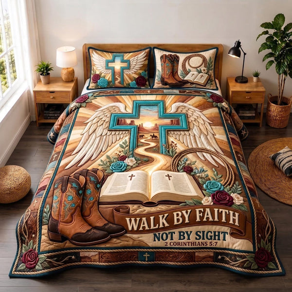 Ranch Faith quilted 3-piece bedding set on a made bed in a softly lit bedroom