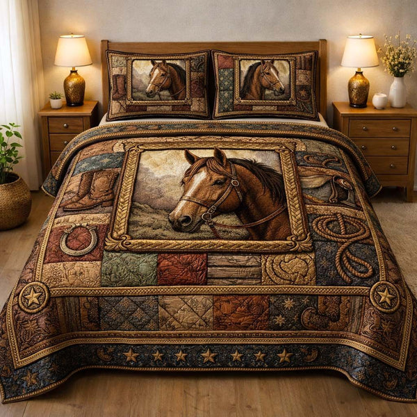Ranch Horse quilted 3-piece bedding set on a made bed in a rustic timber bedroom