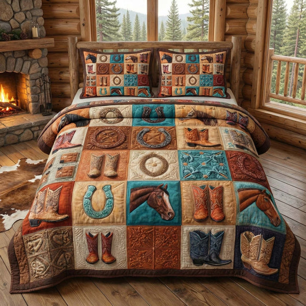 Ranch Icons quilted 3-piece bedding set on a made bed in a rustic timber bedroom