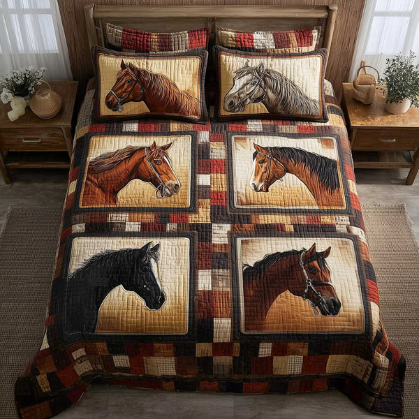 Ranch Life quilted 3-piece bedding set on a made bed in a rustic timber bedroom