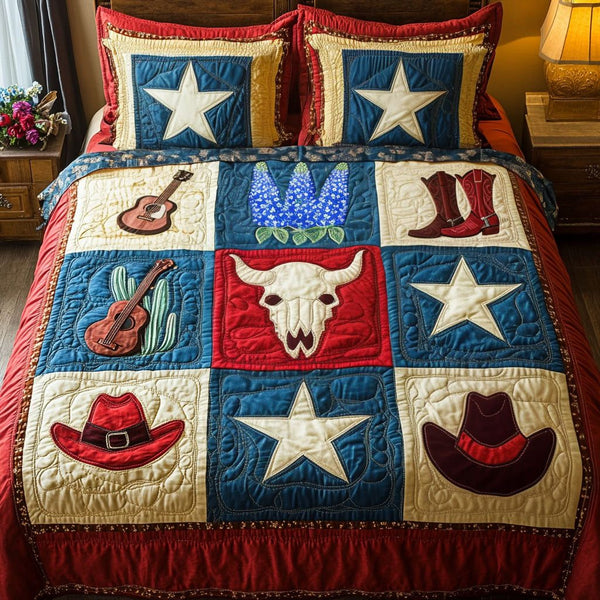 Ranch Rhythm quilted 3-piece bedding set on a made bed in a rustic timber bedroom