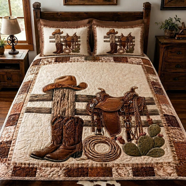 Ranch Roots quilted 3-piece bedding set on a made bed in a rustic timber bedroom