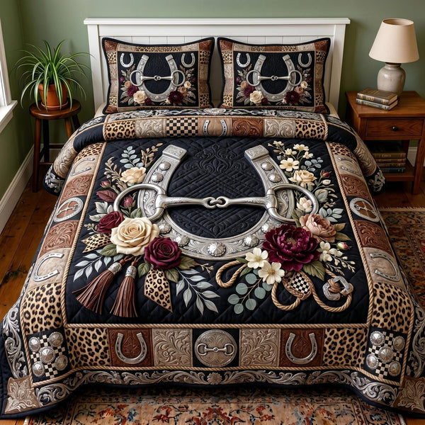 Ranch Spirit quilted 3-piece bedding set on a made bed in a rustic timber bedroom