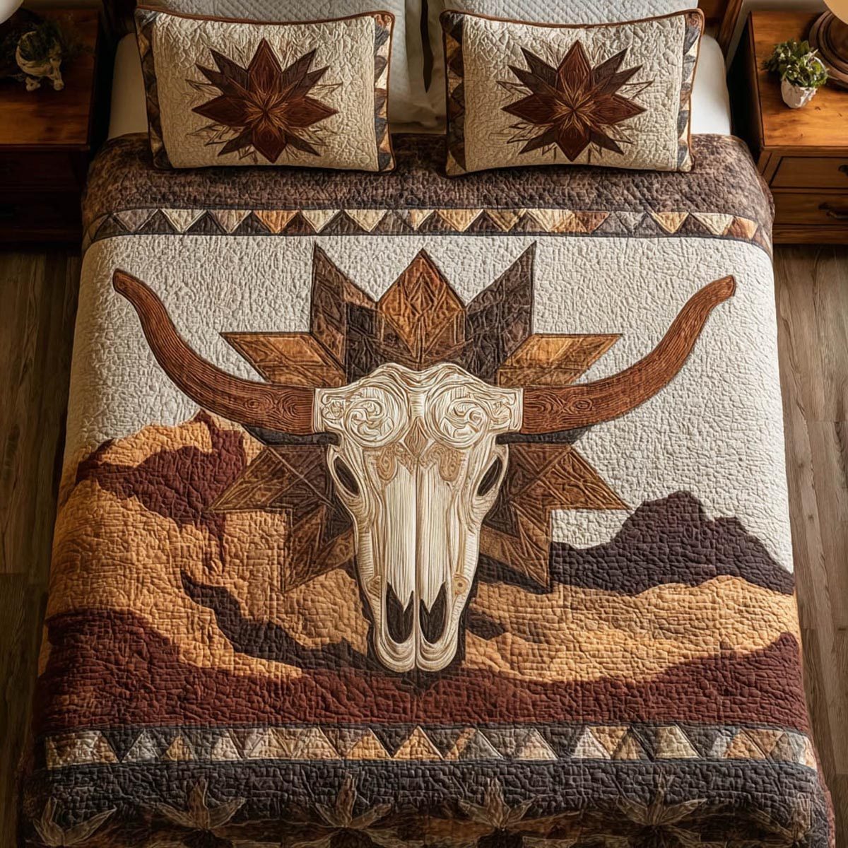 Ranch Spirit quilted 3-piece bedding set on a made bed in a rustic timber bedroom