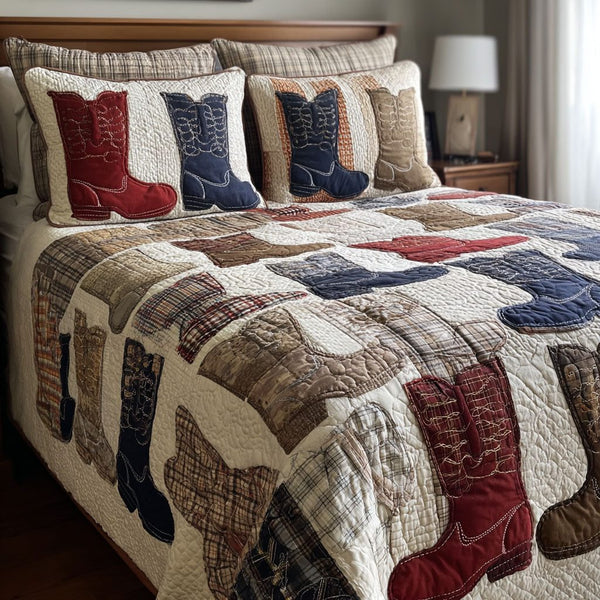 Ranch Style quilted 3-piece bedding set on a made bed in a rustic timber bedroom