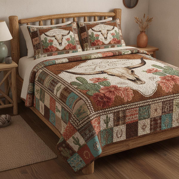 Ranchland Sunset Glow quilted 3-piece bedding set on a made bed in a rustic timber bedroom