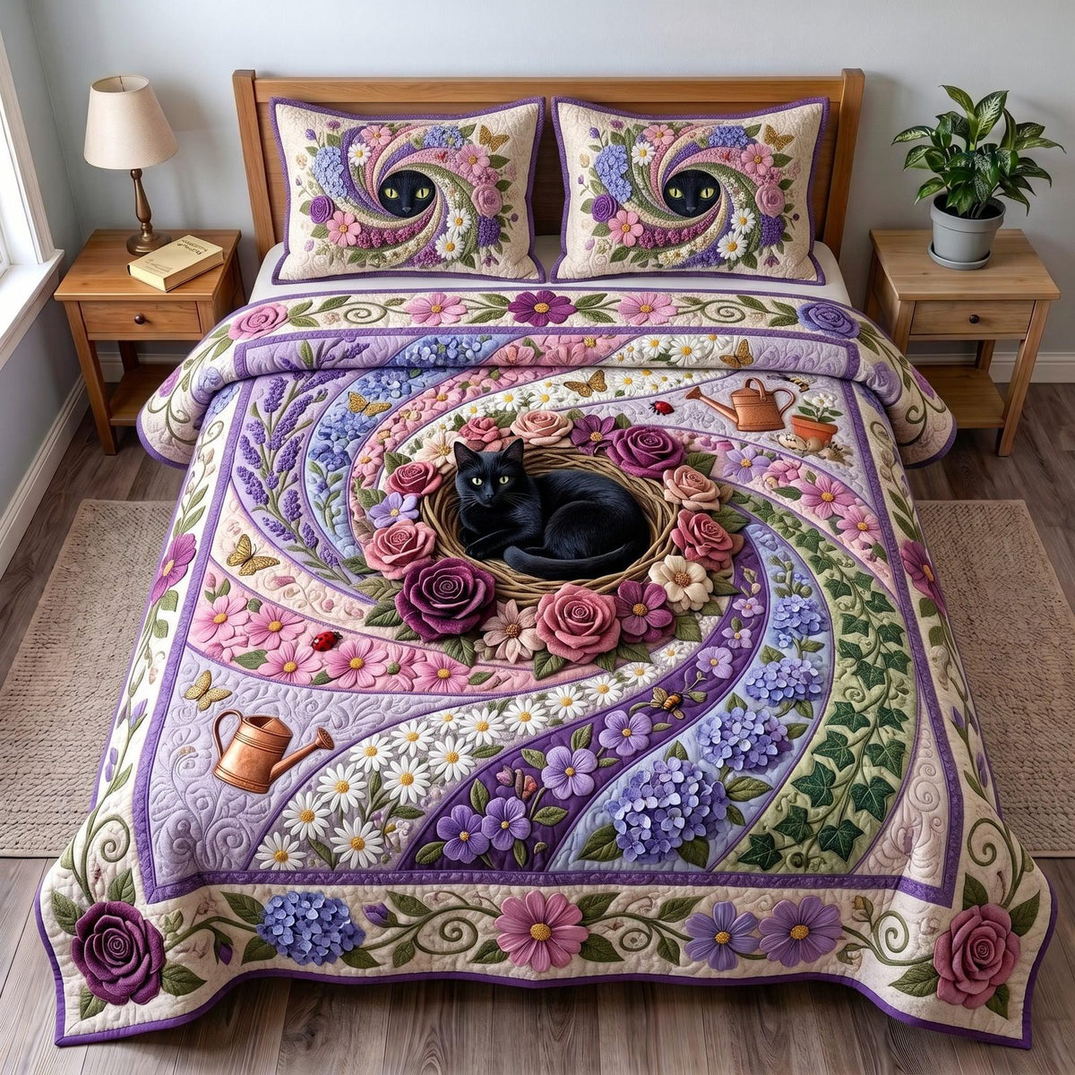 Raven Bloom quilted 3-piece bedding set on a made bed against a dark styled interior