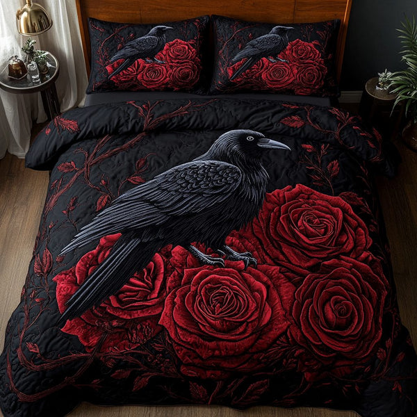 Raven Call quilted 3-piece bedding set on a made bed against a dark styled interior