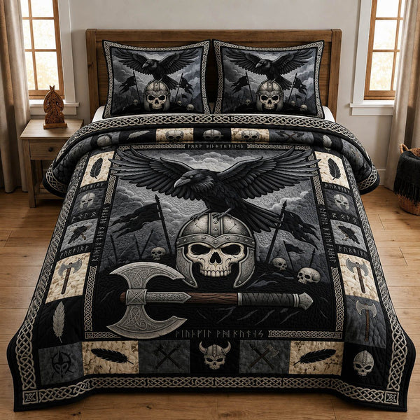 Raven Viking Skull quilted 3-piece bedding set on a made bed against a dark styled interior
