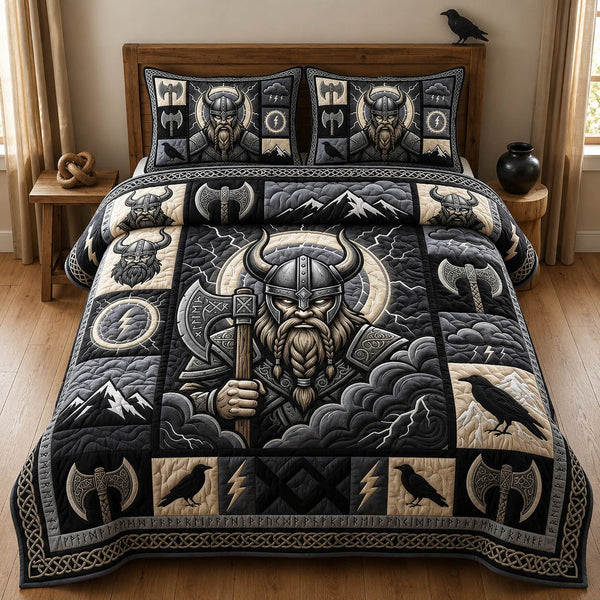 Raven Viking Skull quilted 3-piece bedding set on a made bed against a dark styled interior