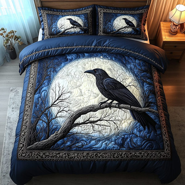 Raven Whisper quilted 3-piece bedding set on a made bed against a dark styled interior