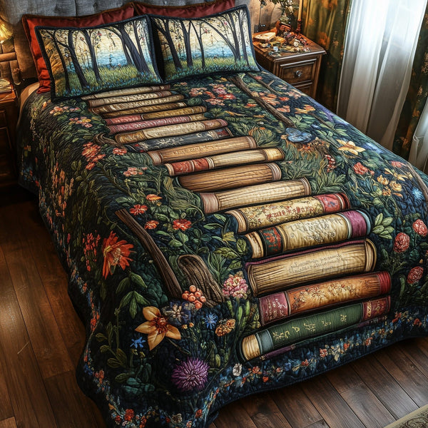 Readers Hideaway quilted 3-piece bedding set on a made bed with two matching pillow shams