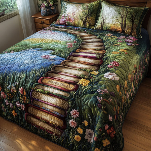 Readers Hideaway quilted 3-piece bedding set on a made bed with two matching pillow shams