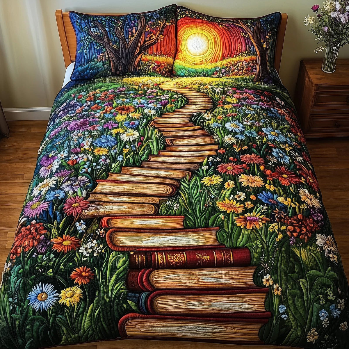 Readers Hideaway quilted 3-piece bedding set on a made bed with two matching pillow shams