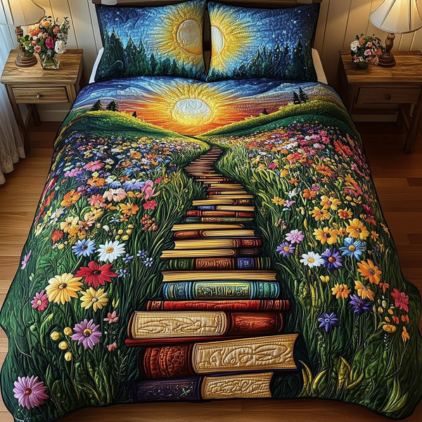 Readers Hideaway quilted 3-piece bedding set on a made bed with two matching pillow shams