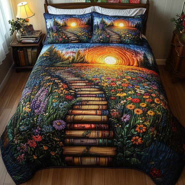 Readers Hideaway quilted 3-piece bedding set on a made bed with two matching pillow shams