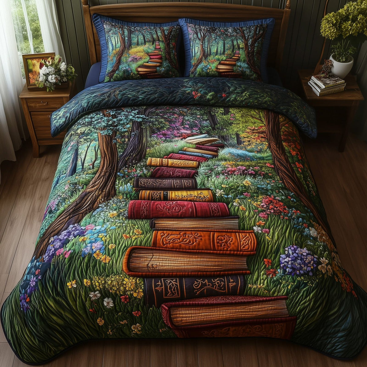 Readers Hideaway quilted 3-piece bedding set on a made bed with two matching pillow shams