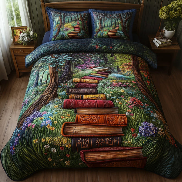 Readers Hideaway quilted 3-piece bedding set on a made bed with two matching pillow shams