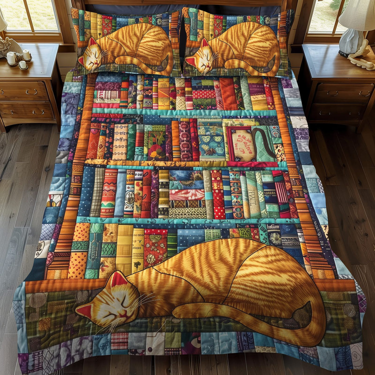 Readers' Retreat quilted 3-piece bedding set on a made bed with two matching pillow shams