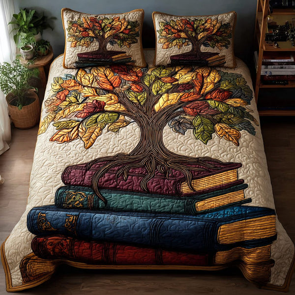 Reading Garden quilted 3-piece bedding set on a made bed with two matching pillow shams