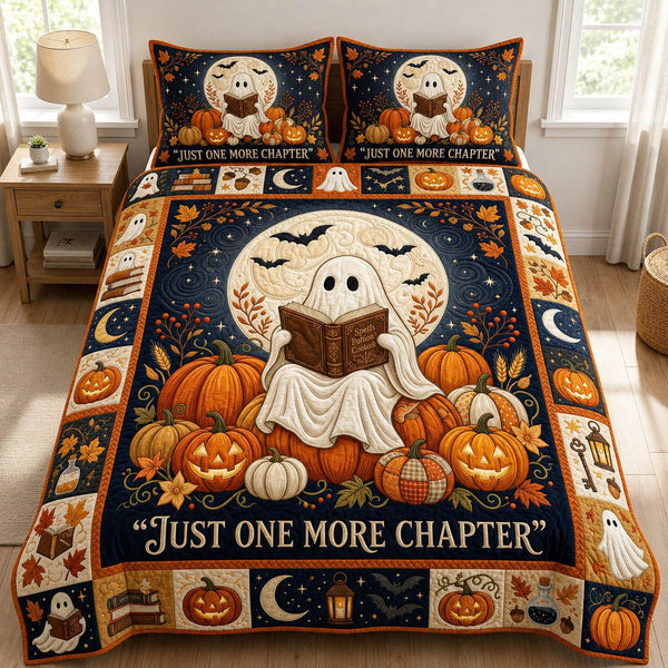 Reading Ghost quilted 3-piece bedding set on a made bed against a dark styled interior