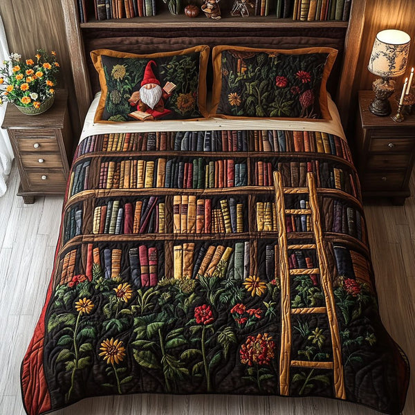 Reading Haven quilted 3-piece bedding set on a made bed with two matching pillow shams