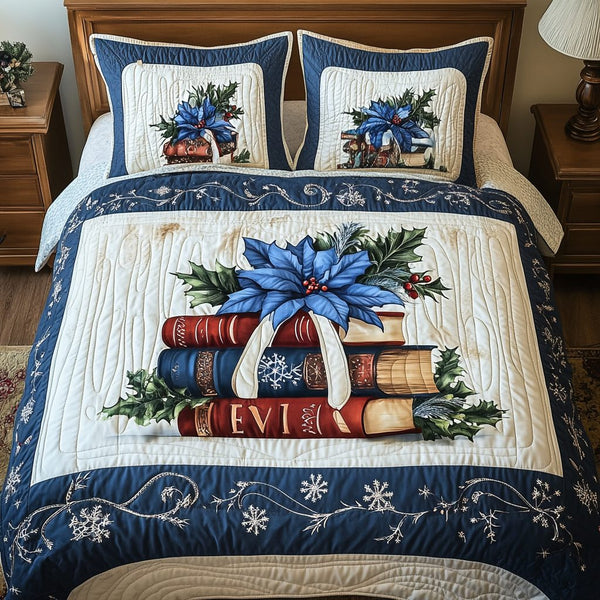Reading Journey quilted 3-piece bedding set on a made bed with two matching pillow shams