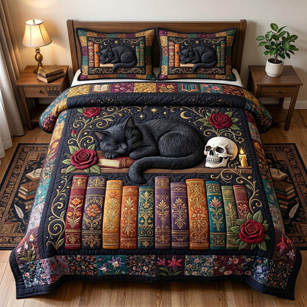 Reading Nook quilted 3-piece bedding set on a made bed with two matching pillow shams