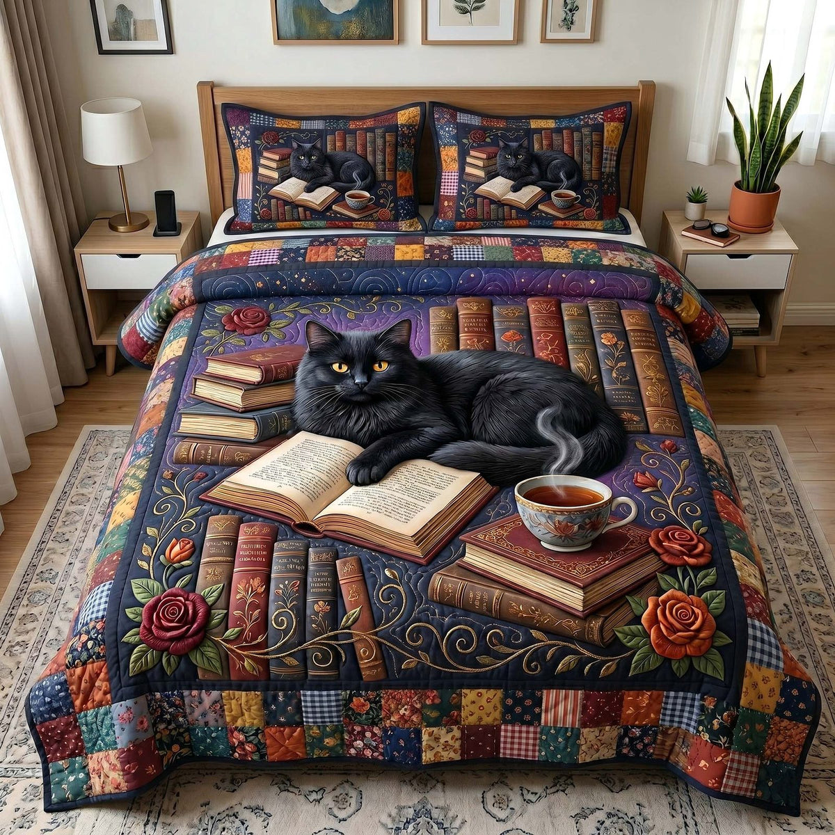 Reading Nook quilted 3-piece bedding set on a made bed with two matching pillow shams