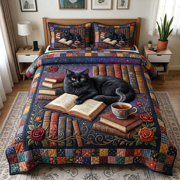 Reading Nook quilted 3-piece bedding set on a made bed with two matching pillow shams