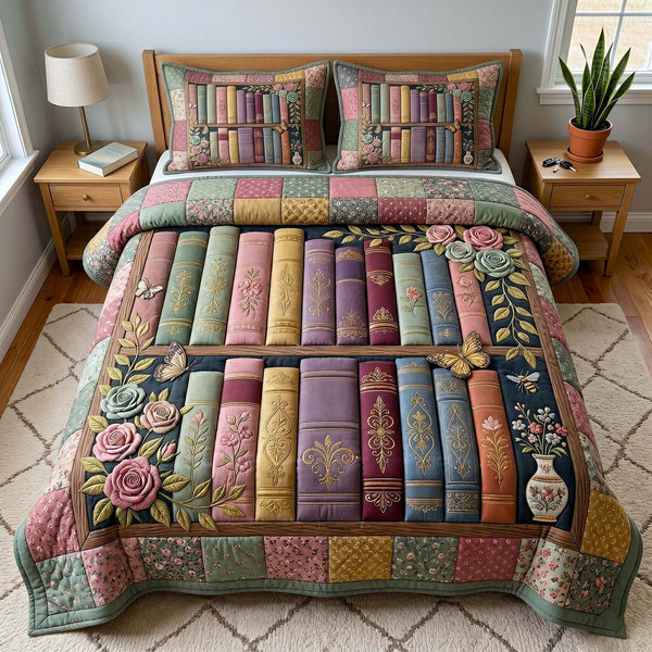 Reading Nook quilted 3-piece bedding set on a made bed with two matching pillow shams