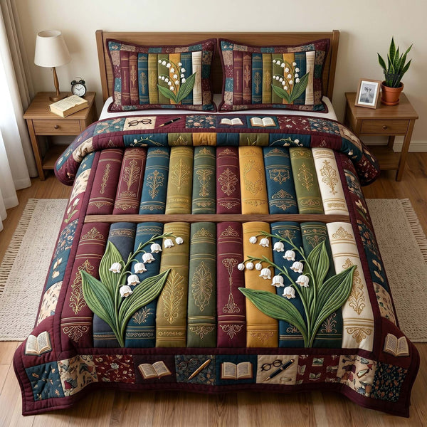 Reading Nook quilted 3-piece bedding set on a made bed with two matching pillow shams