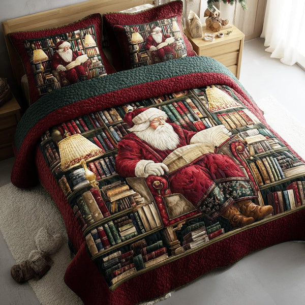Reading Santa quilted 3-piece bedding set on a made bed in a winter-styled bedroom