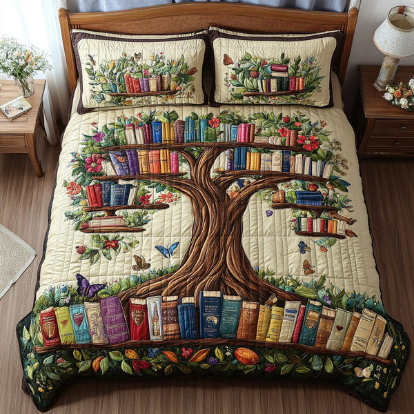 Reading Tree quilted 3-piece bedding set on a made bed with two matching pillow shams