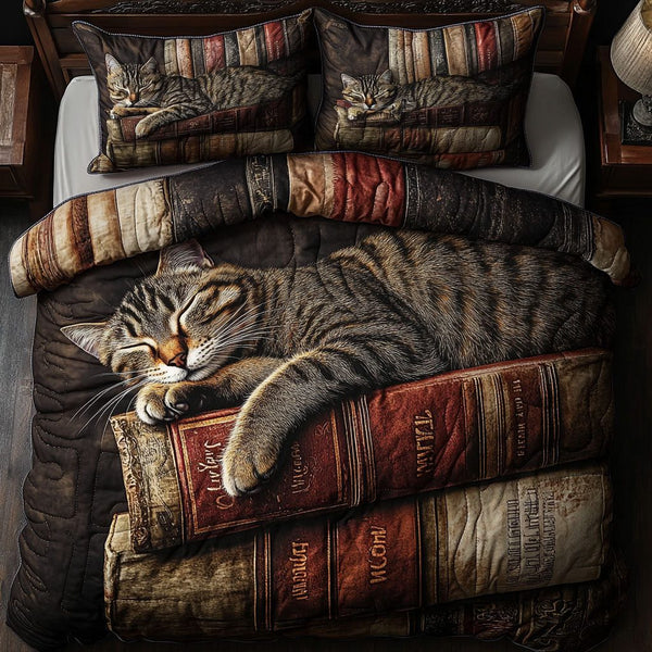 Reading Whiskers quilted 3-piece bedding set on a made bed with two matching pillow shams