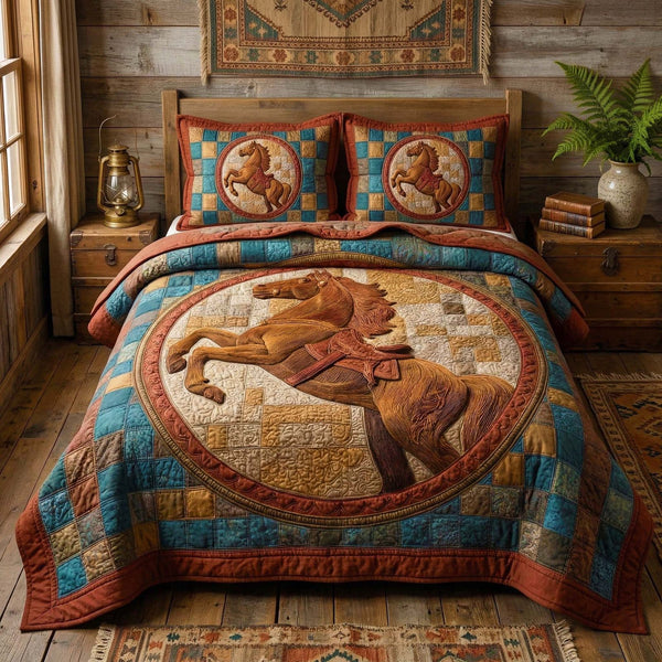 Rearing Stallion quilted 3-piece bedding set on a made bed in a rustic timber bedroom