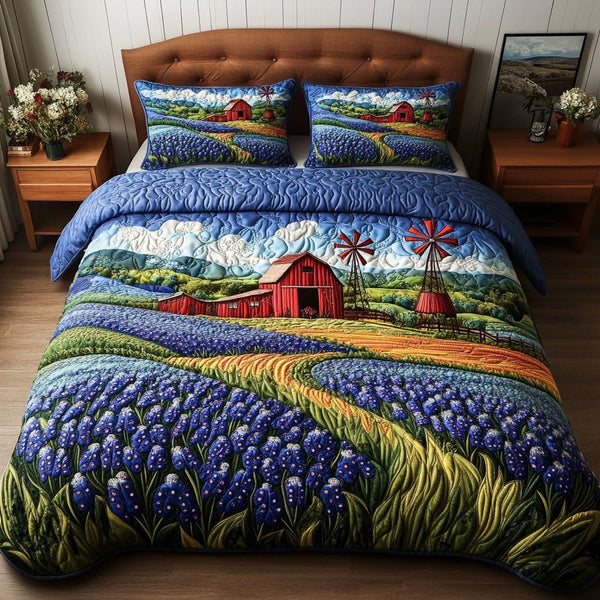 Red Barn Bloom quilted 3-piece bedding set on a made bed in a farmhouse bedroom