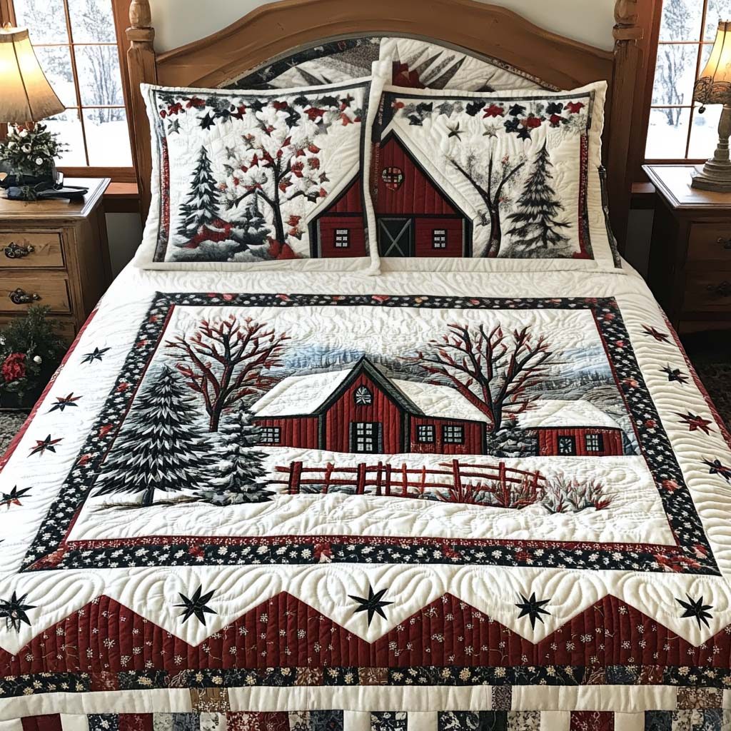 Red Barn quilted 3-piece bedding set on a made bed in a farmhouse bedroom