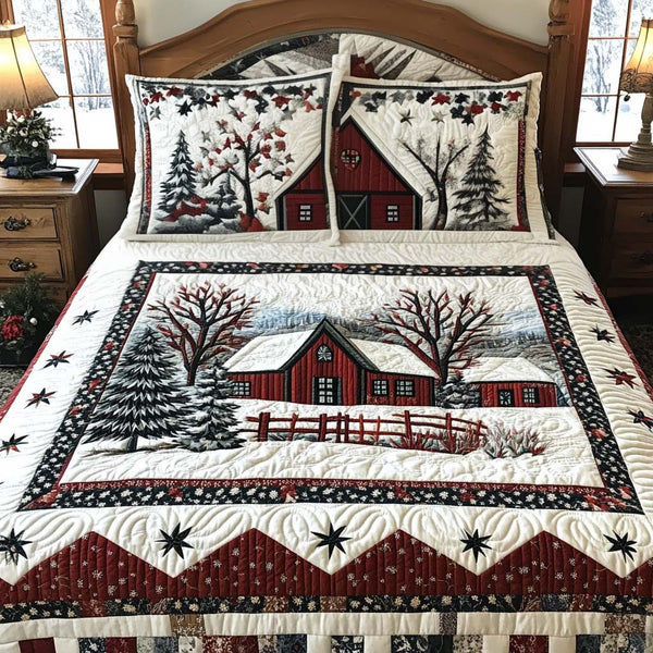 Red Barn quilted 3-piece bedding set on a made bed in a farmhouse bedroom