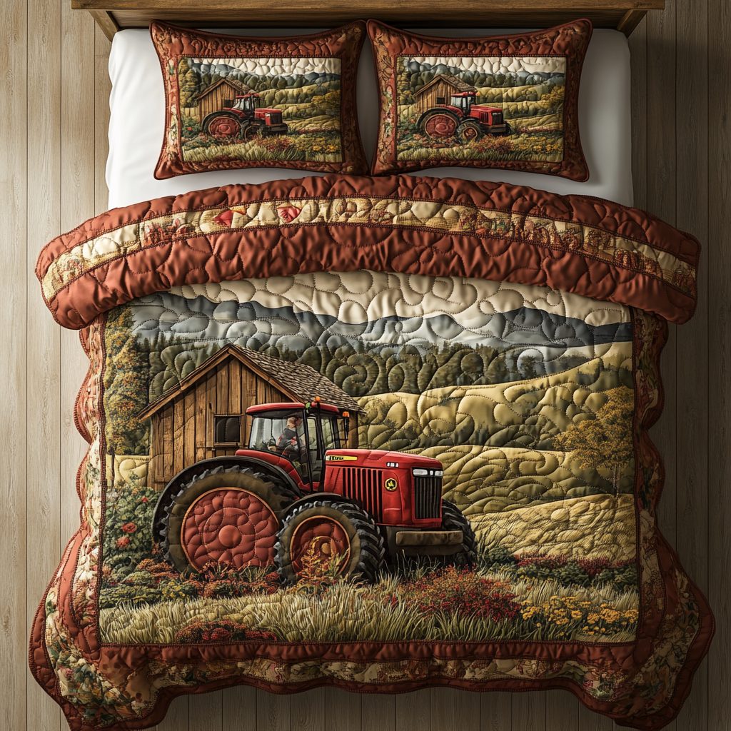 Red Barn Tractor quilted 3-piece bedding set on a made bed in a farmhouse bedroom
