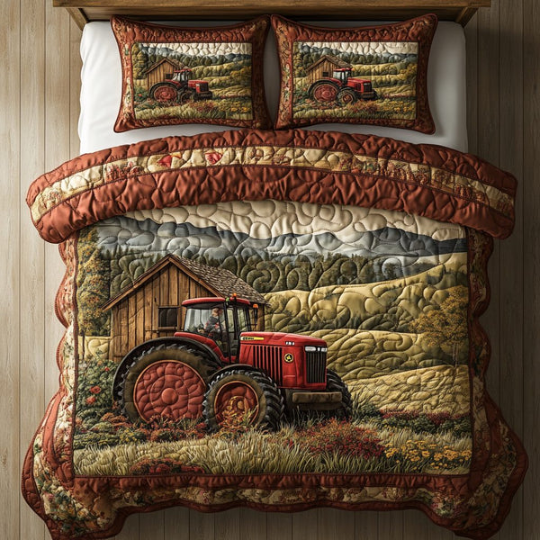 Red Barn Tractor quilted 3-piece bedding set on a made bed in a farmhouse bedroom
