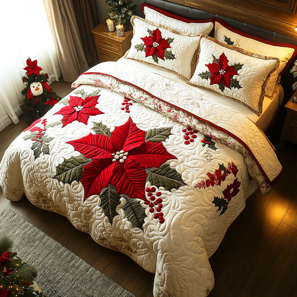 Red Bloom quilted 3-piece bedding set on a made bed with two matching pillow shams