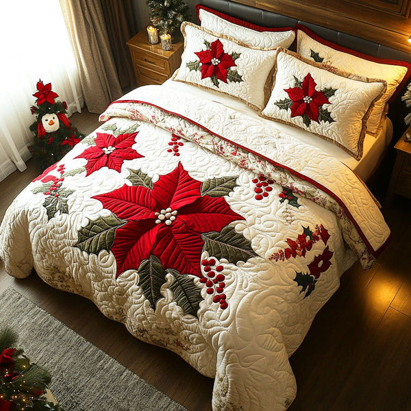 Red Bloom quilted 3-piece bedding set on a made bed with two matching pillow shams