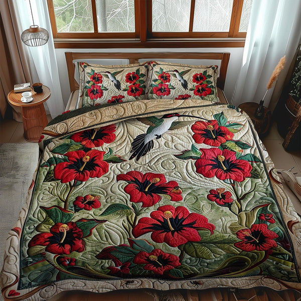 Red Bloom Radiance quilted 3-piece bedding set on a made bed with two matching pillow shams