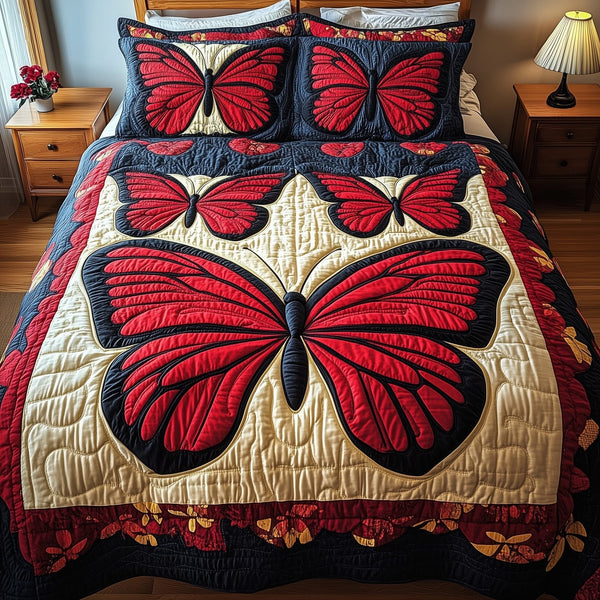 Red Butterfly quilted 3-piece bedding set on a made bed with two matching pillow shams